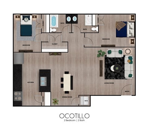 Floor plan for 2 beds, 2 baths, 1050 sqft